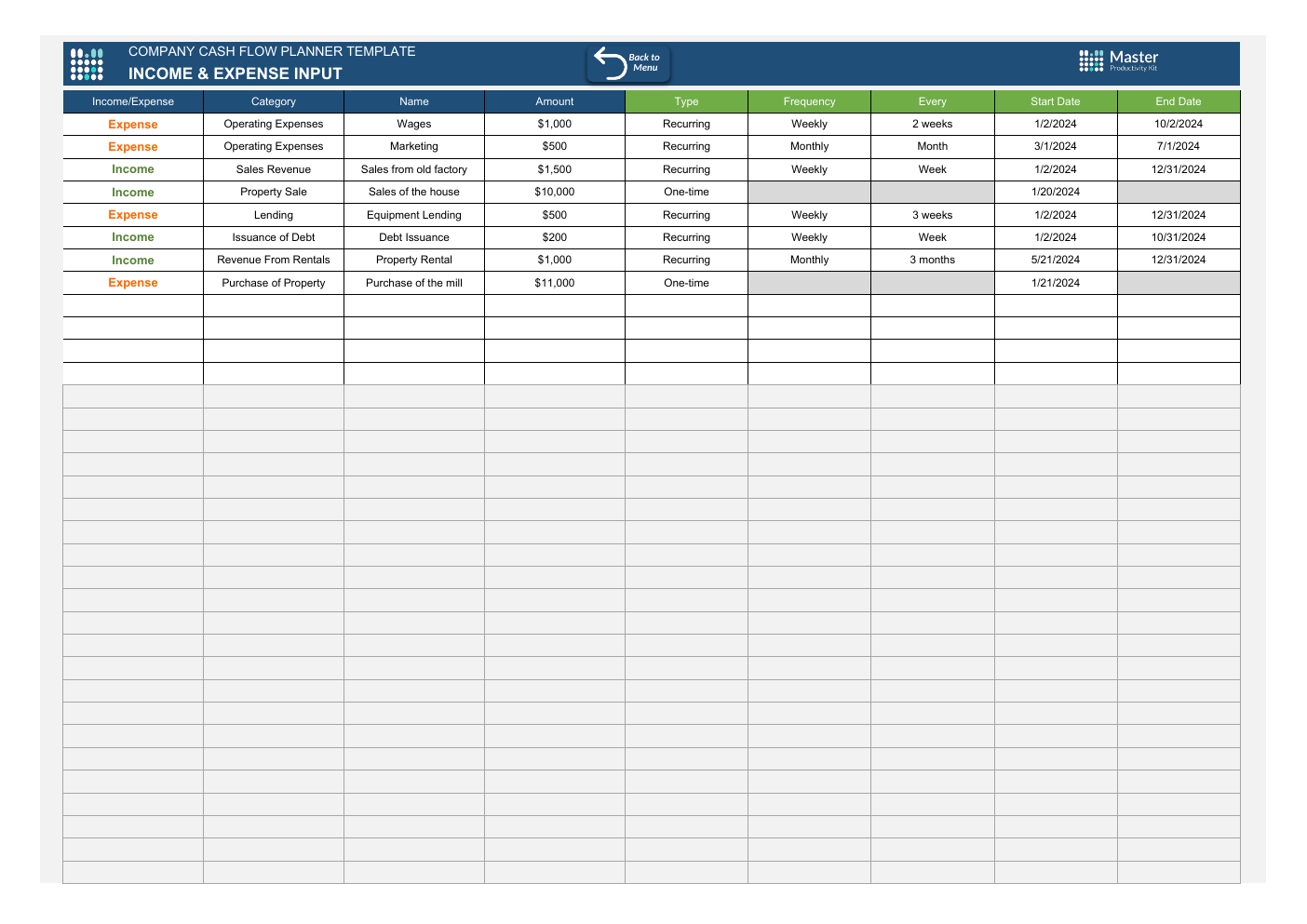 Company Cash Flow Planner Workbook Template for Excel workbook preview
