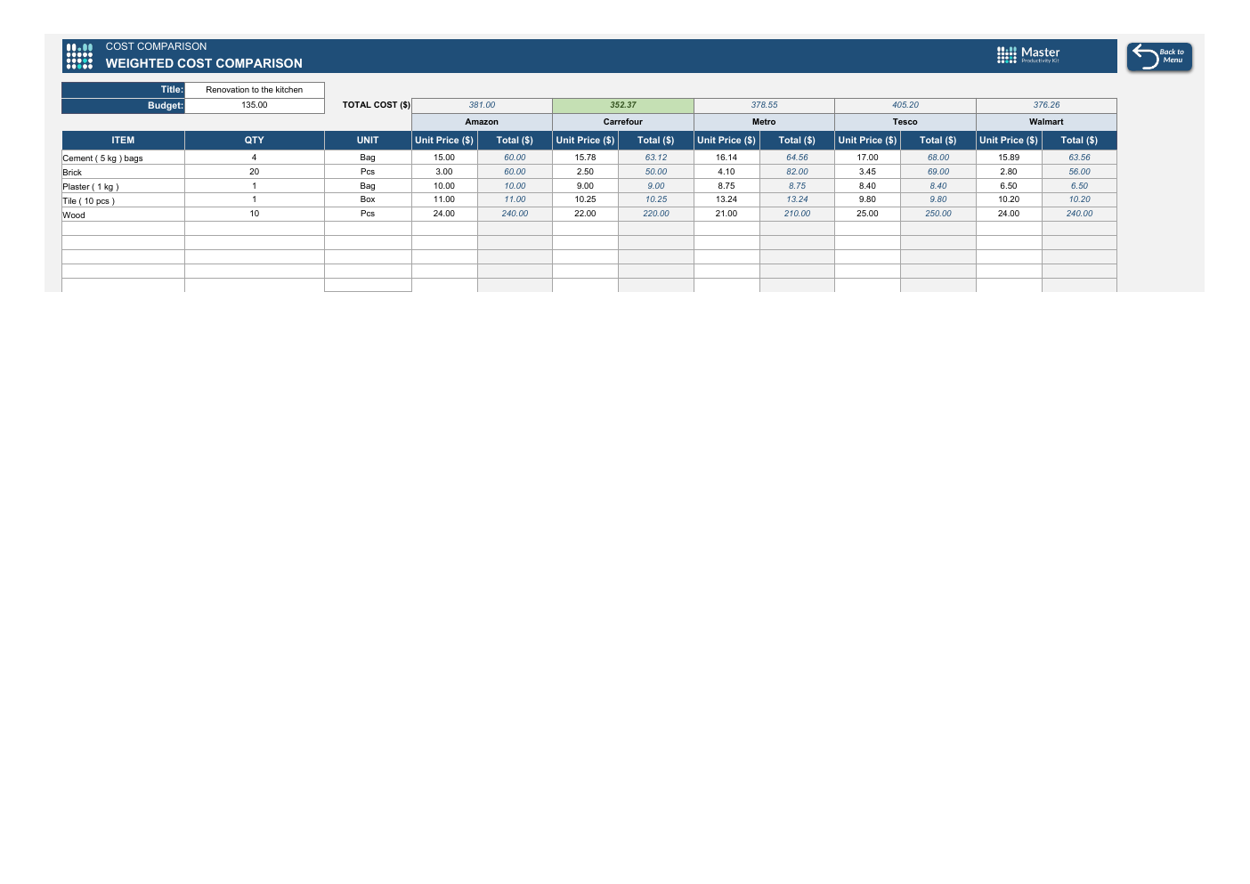 Cost Comparison Excel Template workbook preview 2