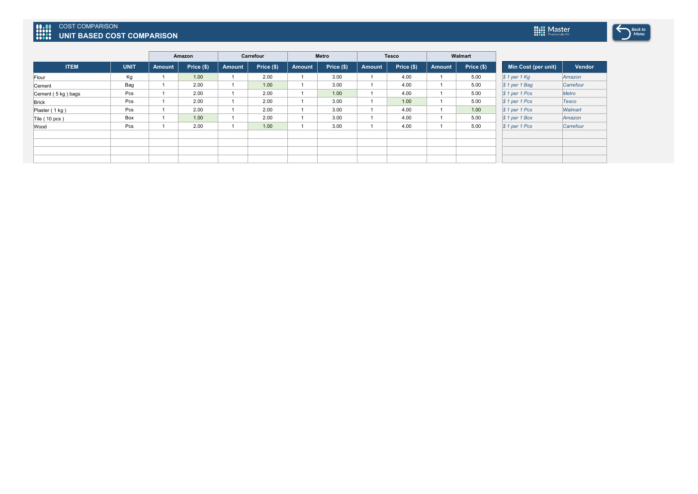 Cost Comparison Excel Template workbook preview 3