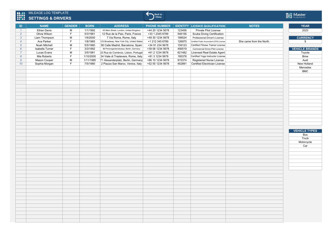 Mileage Log Excel Template workbook preview
