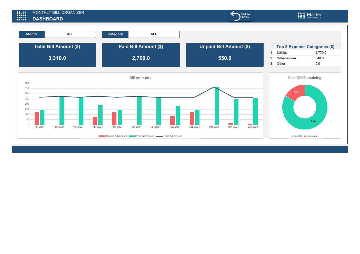 Monthly Bill Organizer Spreadsheet Template workbook preview