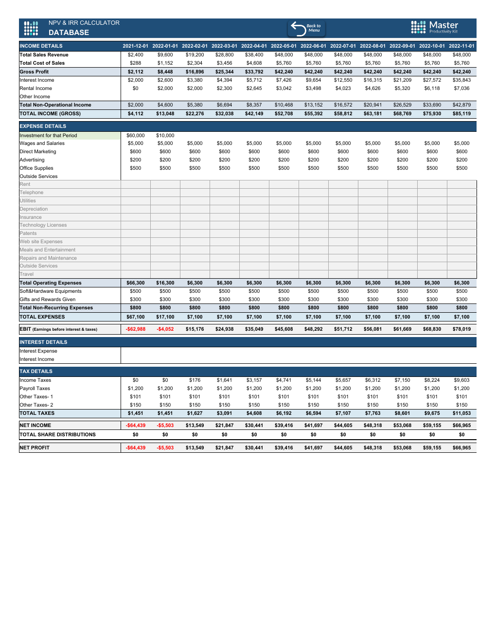 NPV IRR Calculator Spreadsheet Template workbook preview