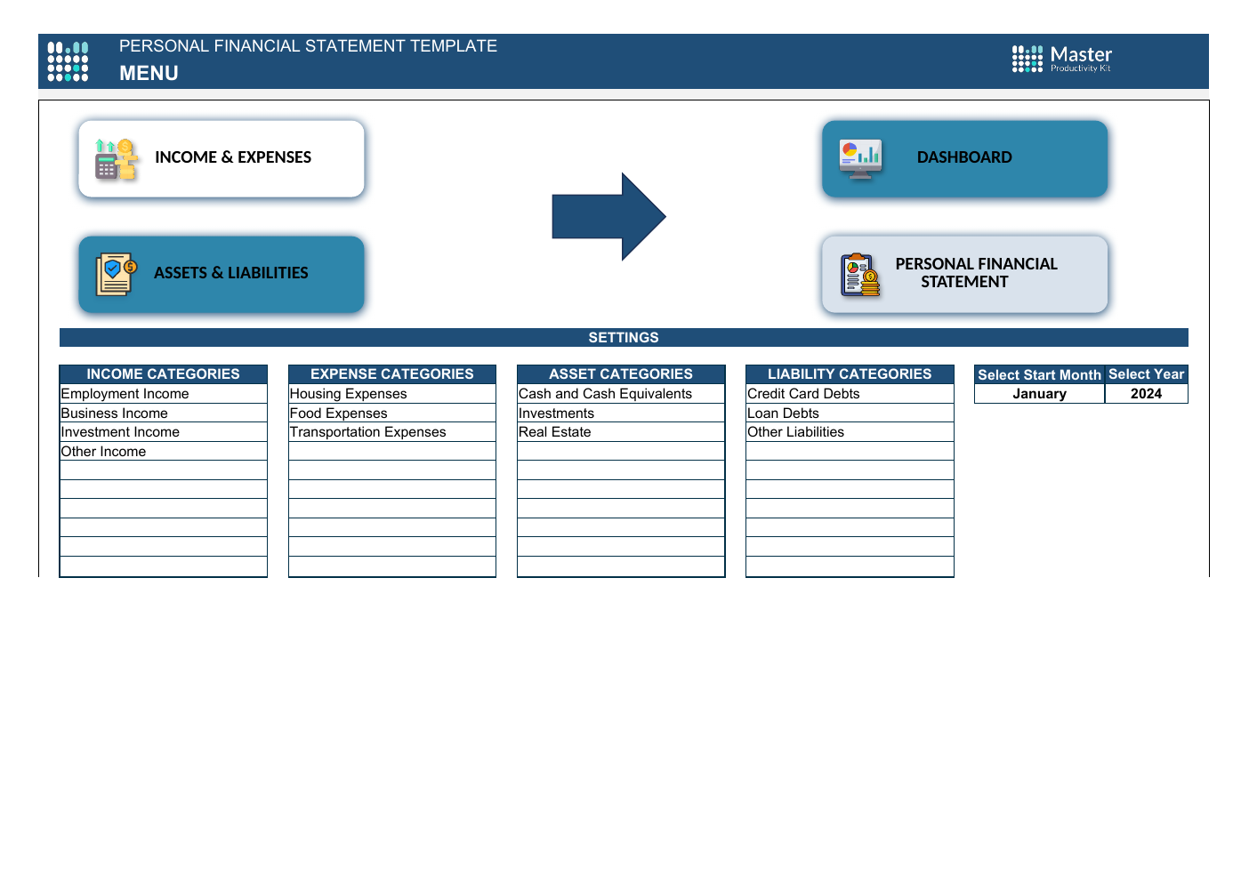 Personal Financial Statement Template for Excel workbook preview