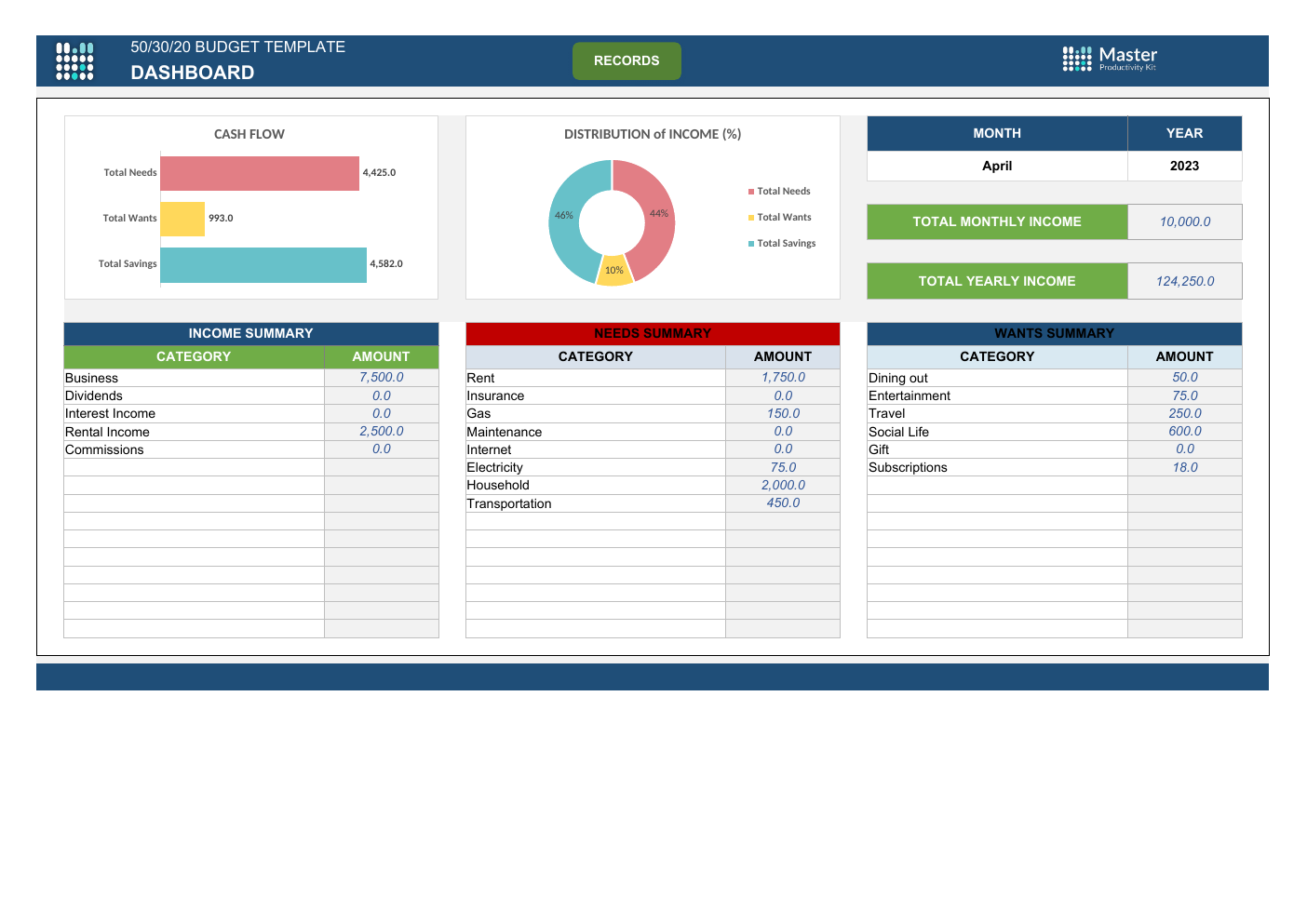Automated 50 30 20 Budget Excel Template workbook preview