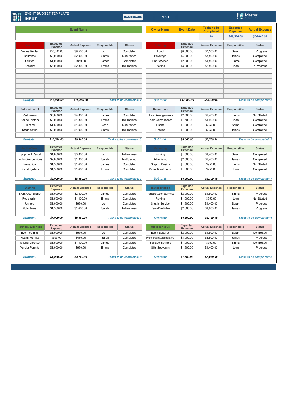 Event Budget Template for Excel workbook preview