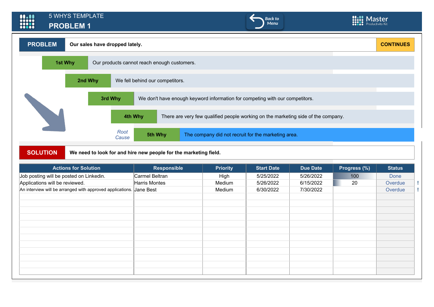 Excel 5 Whys Template workbook preview