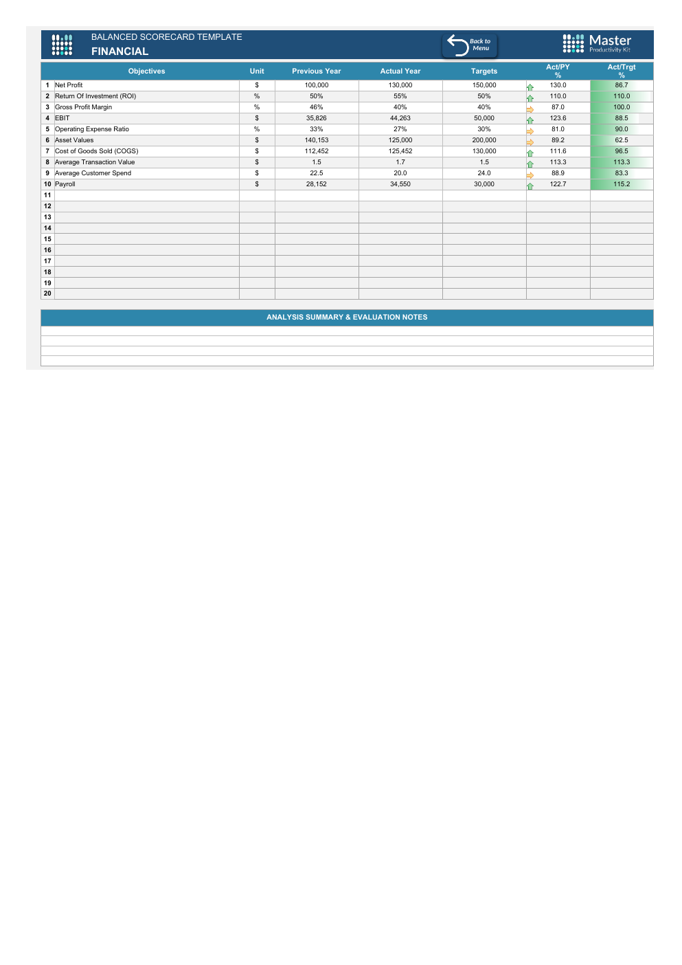 Excel Balanced Scorecard Template workbook preview 2