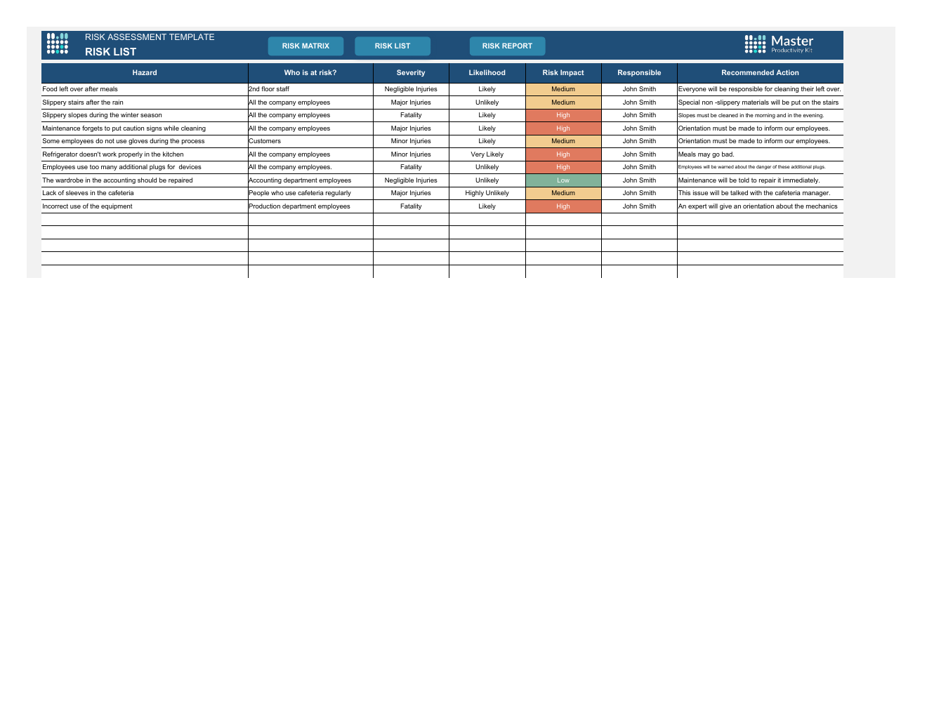 Risk Assessment Spreadsheet Template workbook preview