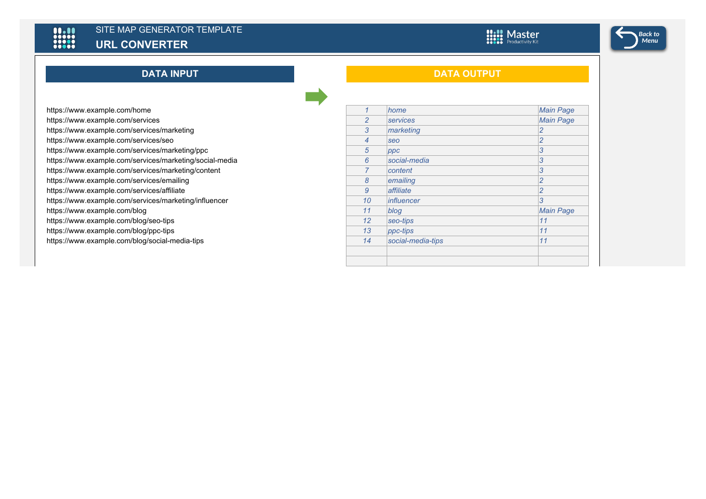 Excel Sitemap Generator Template workbook preview