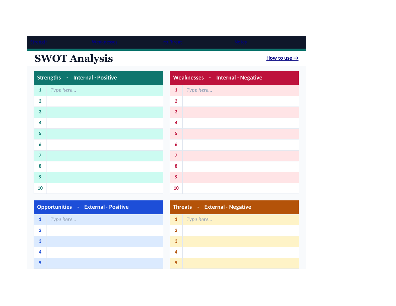 SWOT Analysis Workbook Template for Excel workbook preview 2