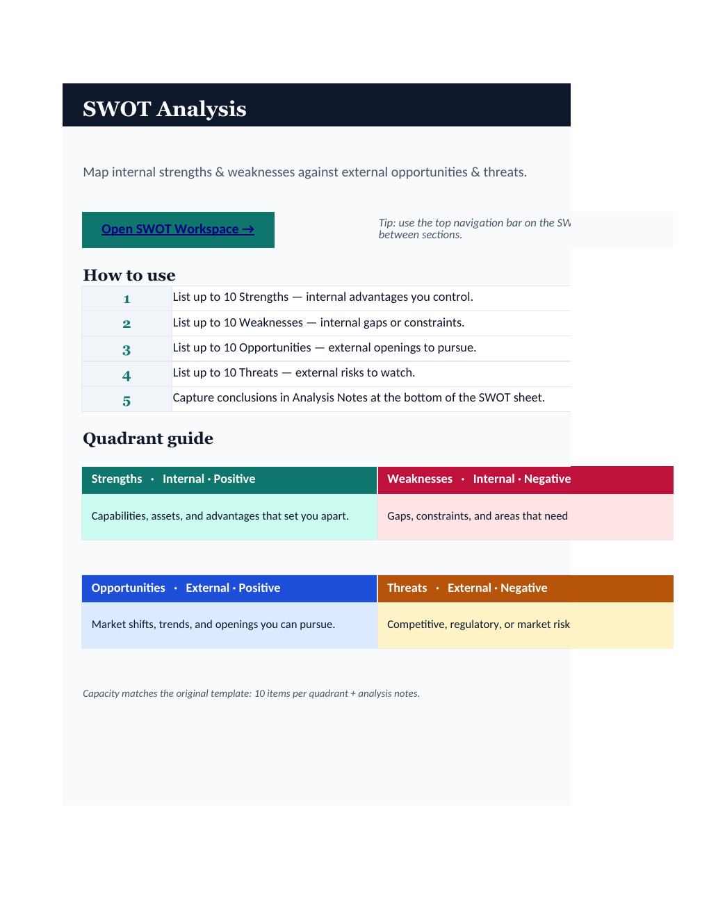 SWOT Analysis Workbook Template for Excel workbook preview