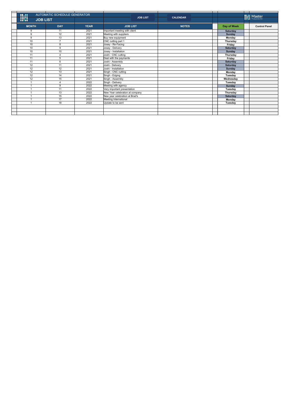 Automated Automatic Schedule Generator Excel Template workbook preview 2