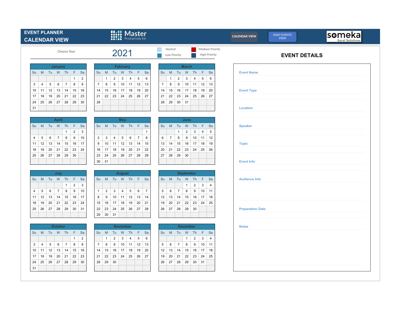 Automated Dynamic Event Calendar Excel Template workbook preview