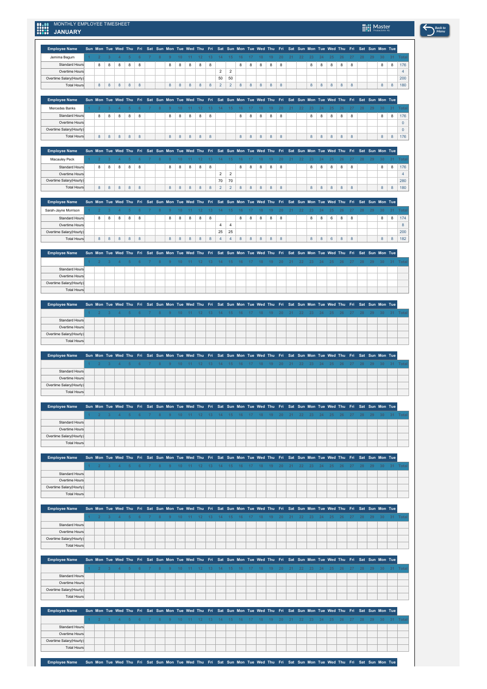Automated Employee Timesheet Calendar Excel Template workbook preview
