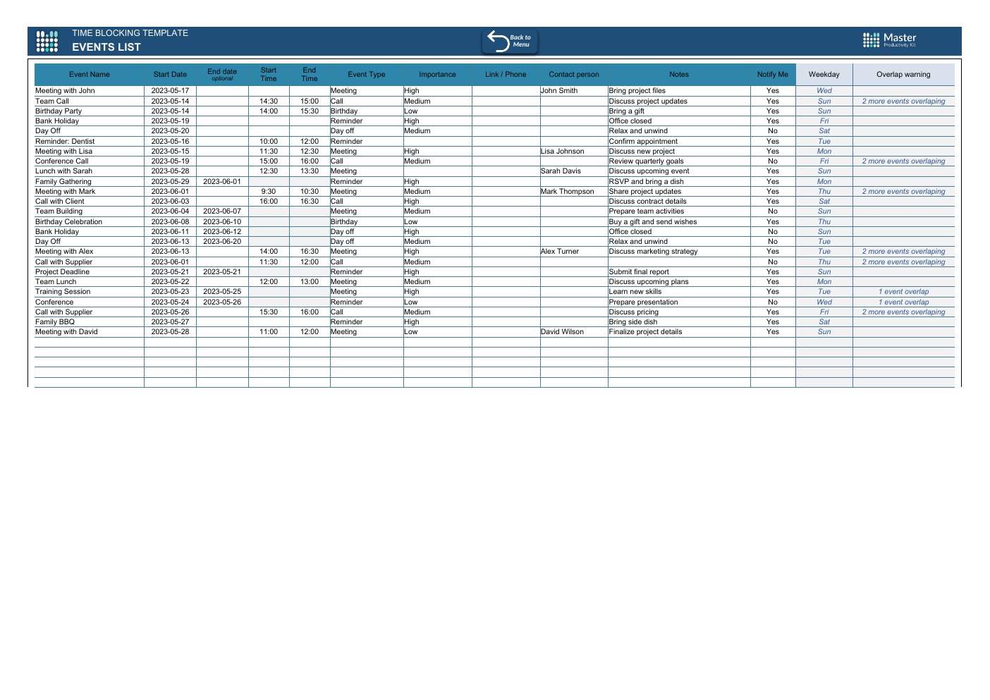 Automated Time Blocking Excel Template workbook preview