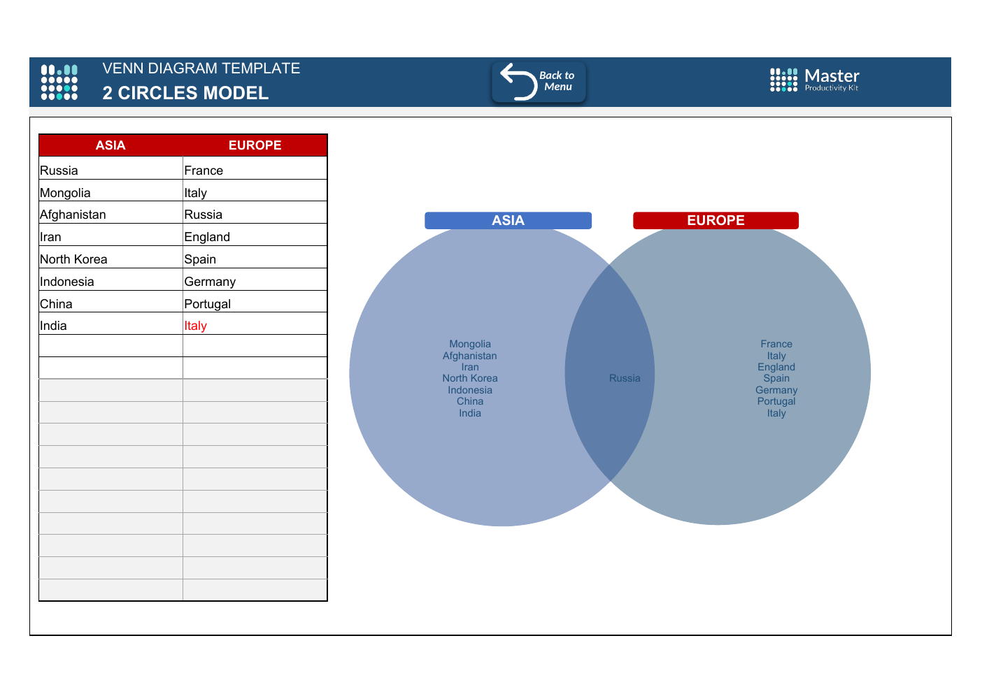 Automated Venn Diagram Excel Template workbook preview 2