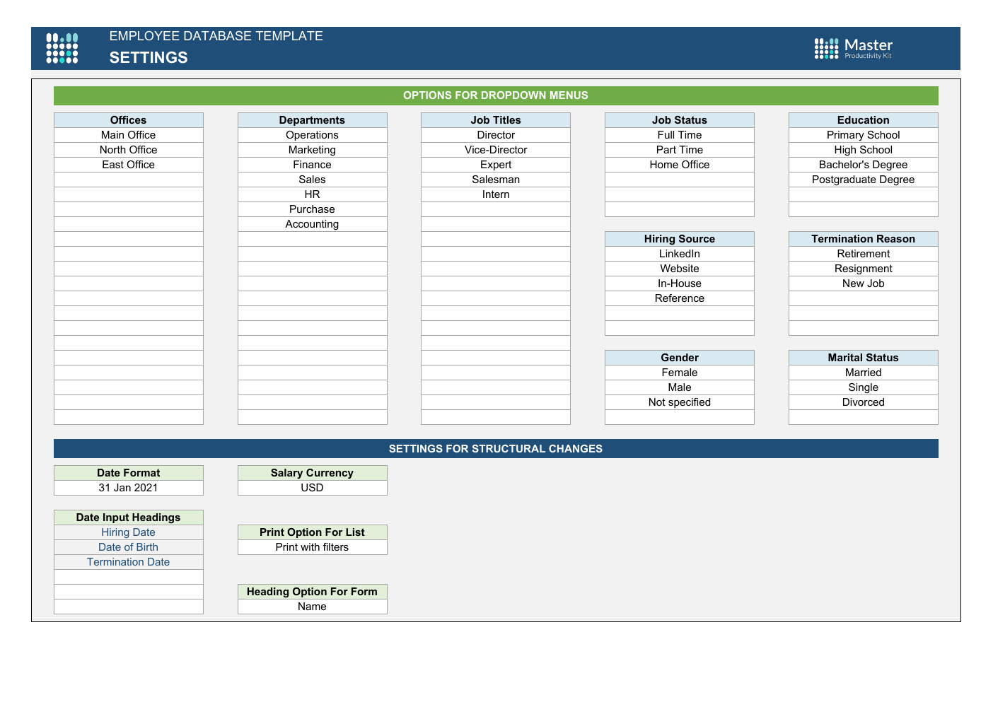 Automated Employee Database Excel Template workbook preview