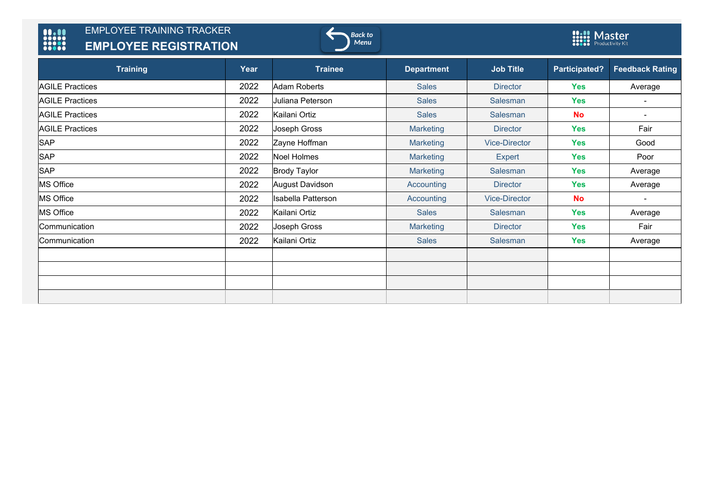 Automated Employee Training Tracker Excel Template workbook preview