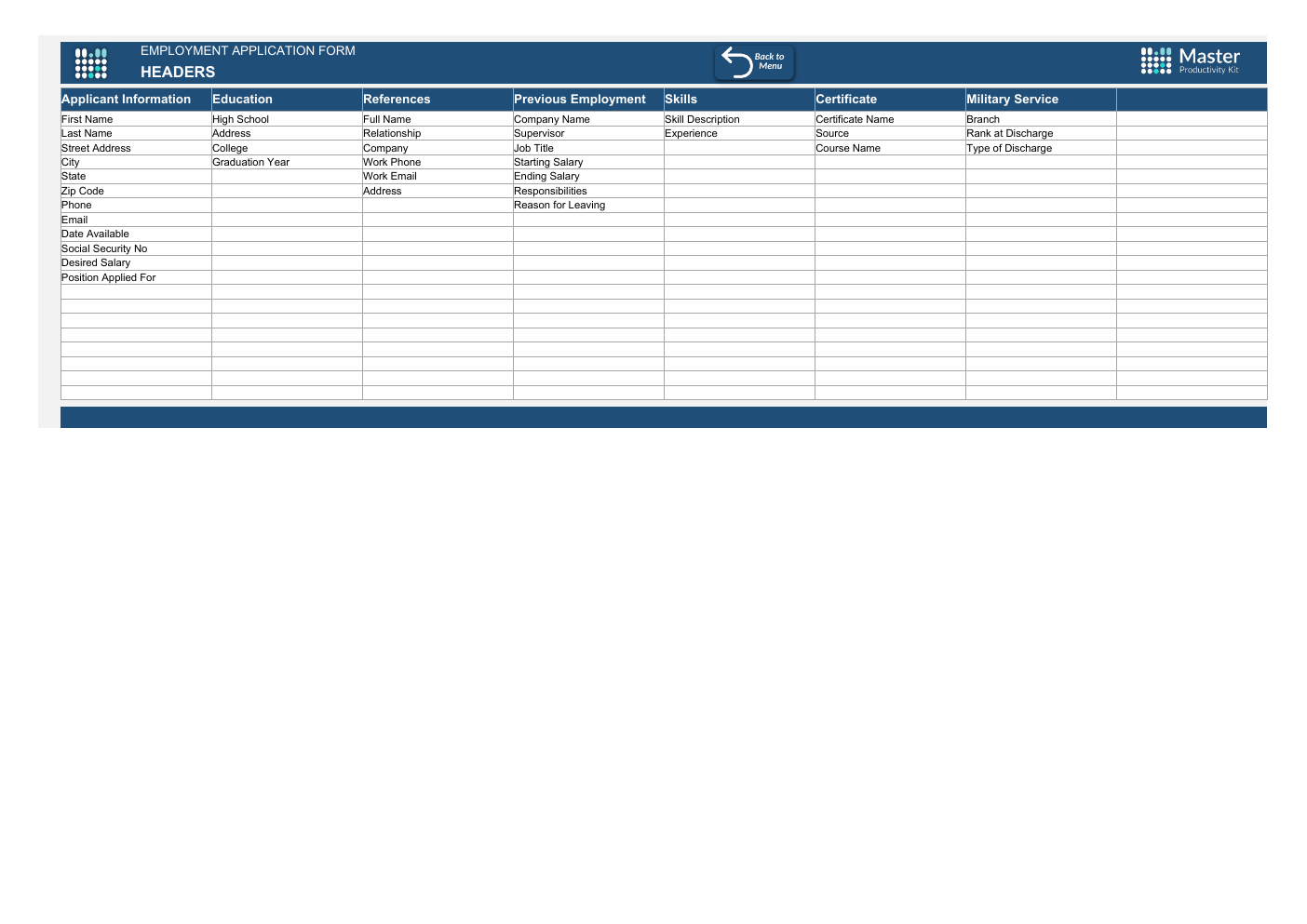 Employment Application Form Excel Template workbook preview 2