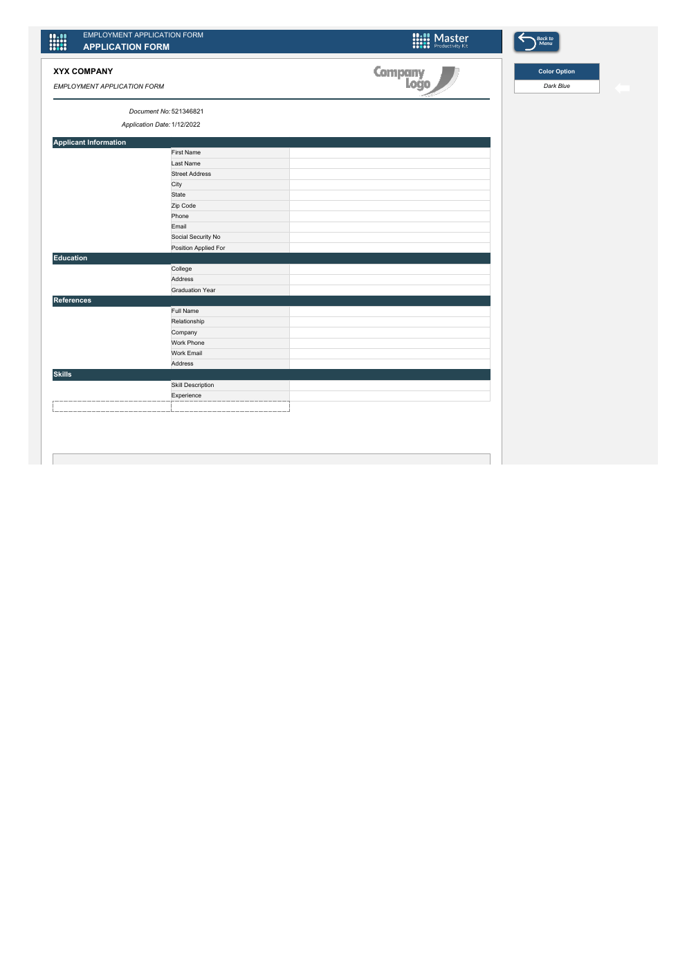 Employment Application Form Excel Template workbook preview 3