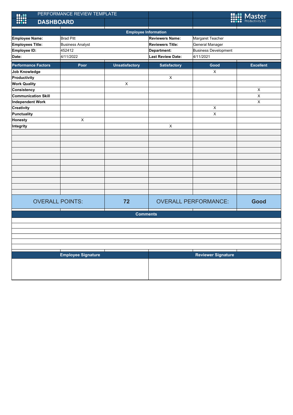 Automated Performance Review Excel Template workbook preview