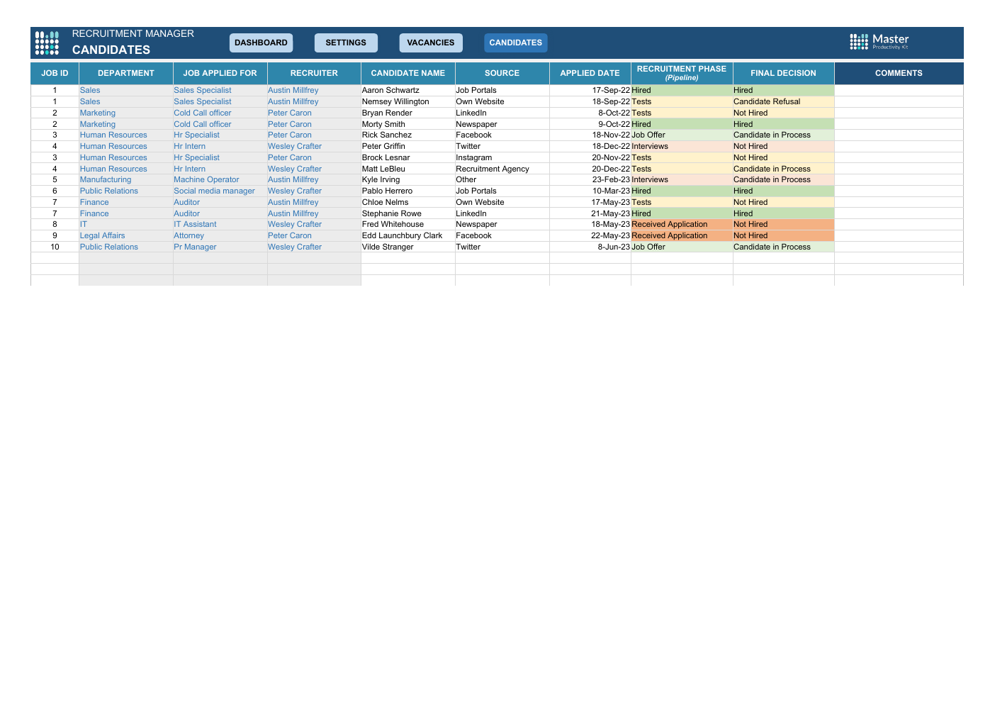 Automated Recruitment Tracker Excel Template workbook preview
