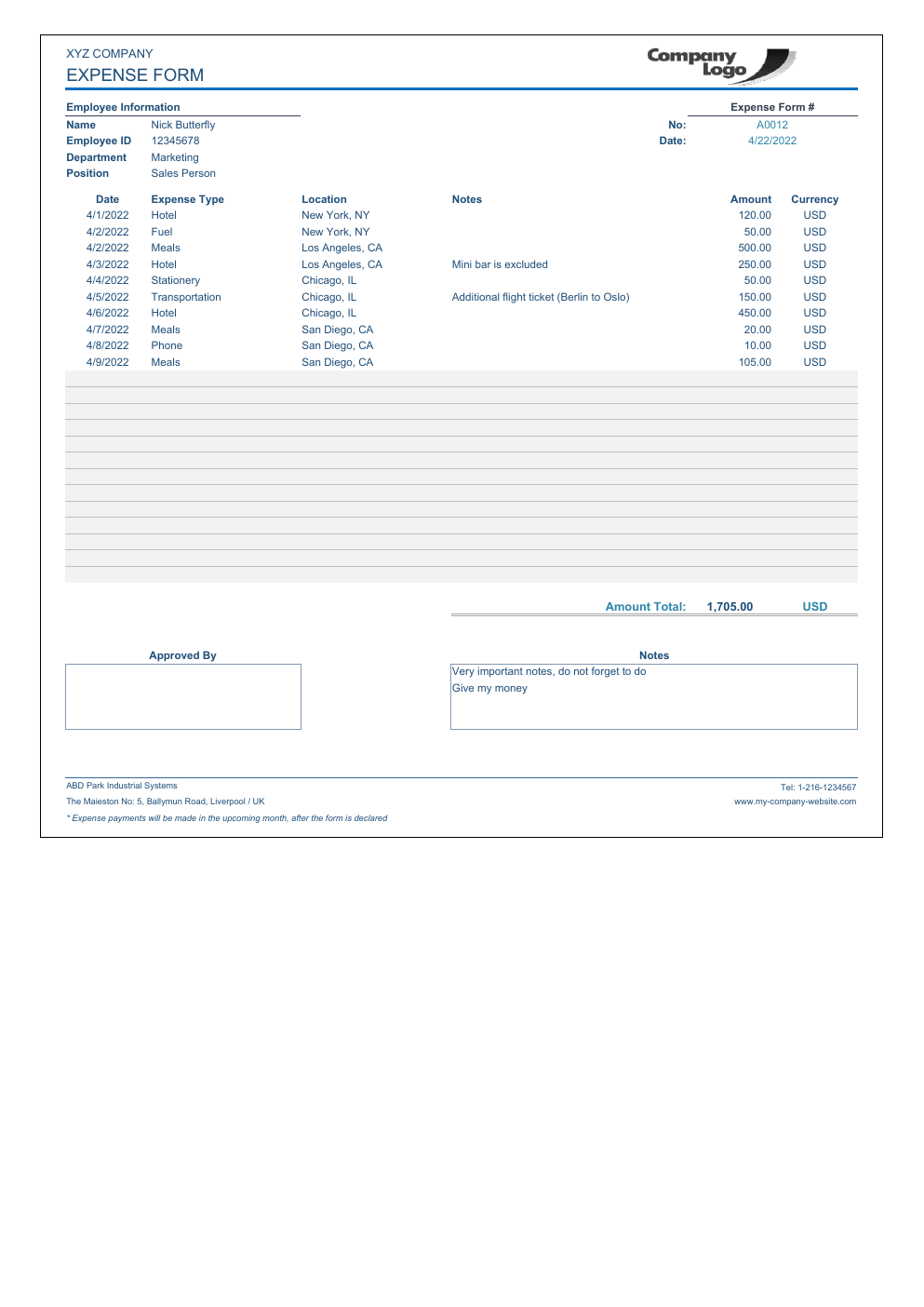 Reimbursement Form Excel Template workbook preview