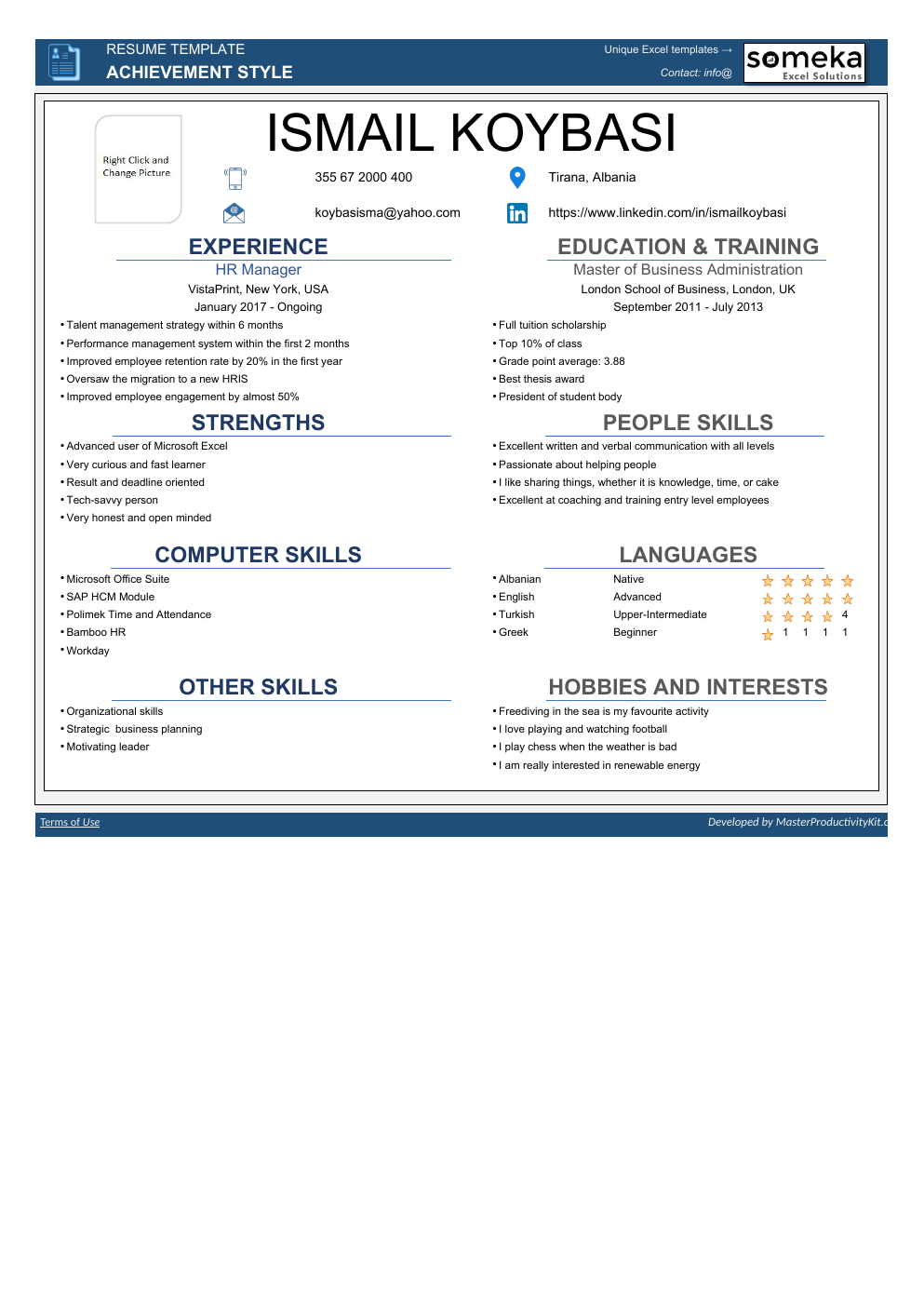 Automated Resume Excel Template workbook preview 4