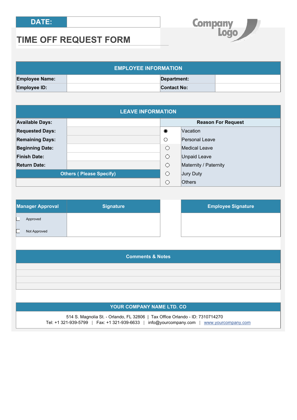 Time Off Request Form Excel Template workbook preview