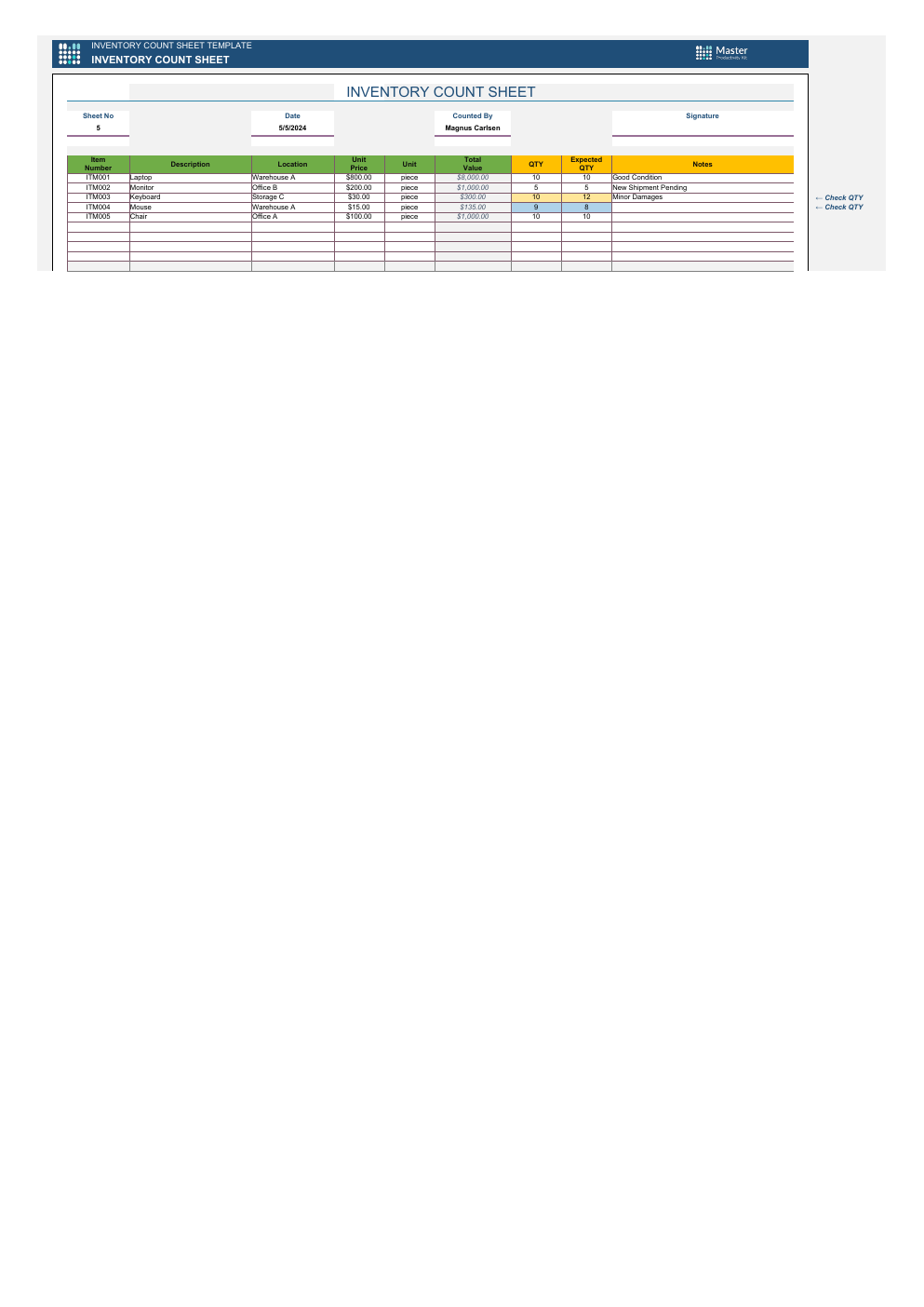 Inventory Count Sheet Excel Template workbook preview