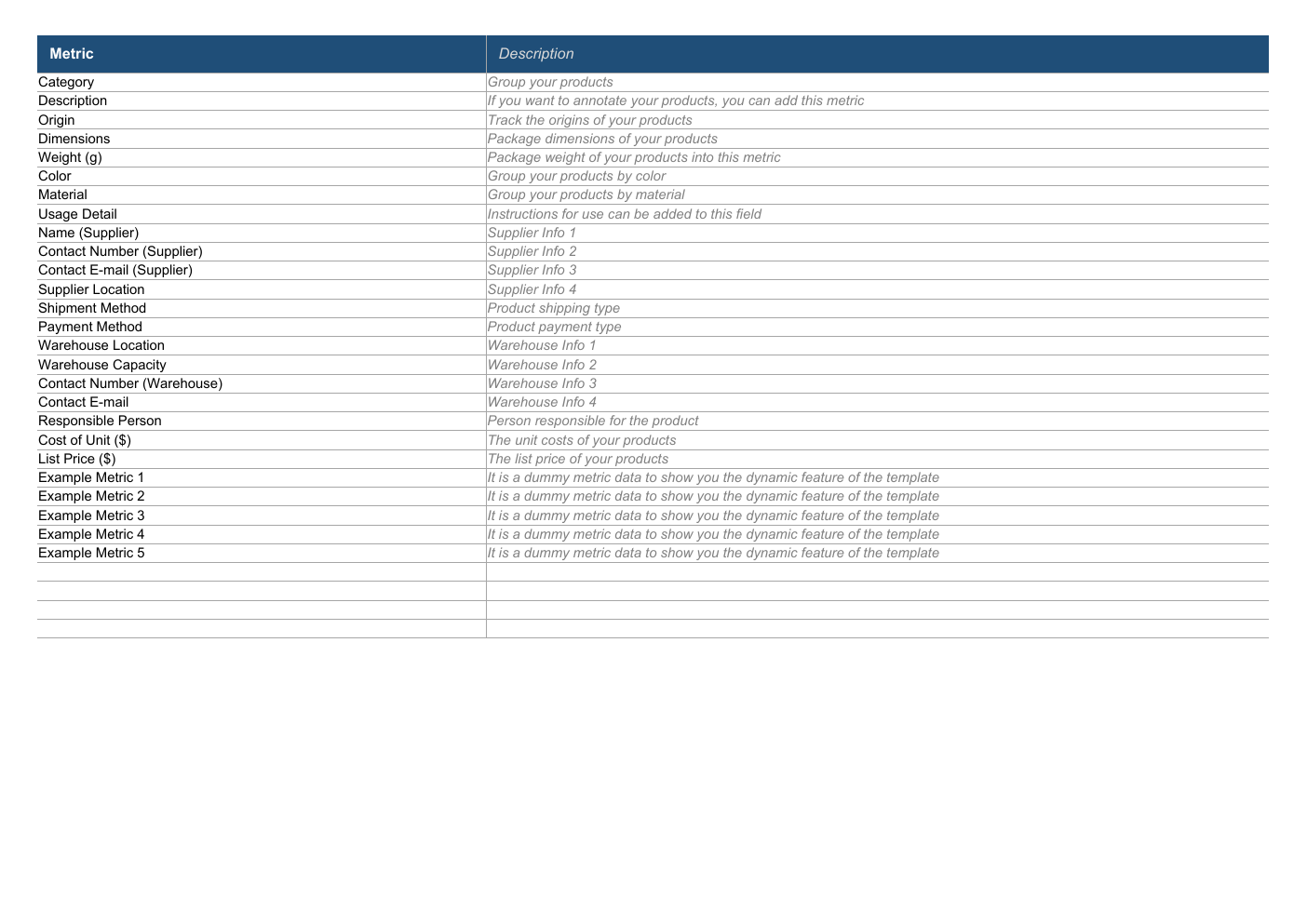 Excel Product Database Template workbook preview