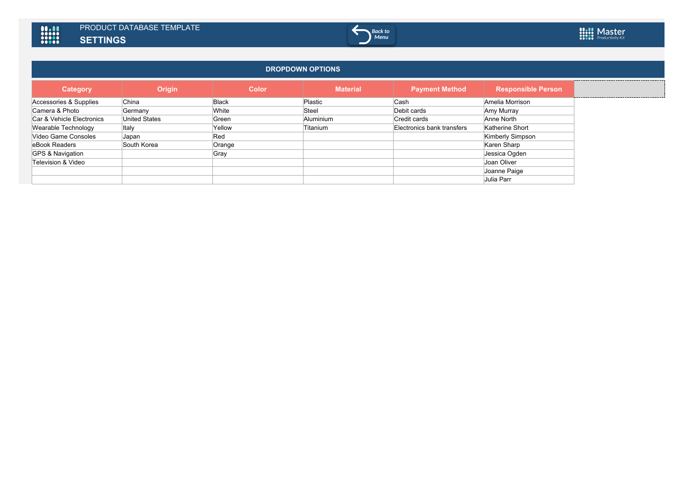 Excel Product Database Template workbook preview 3