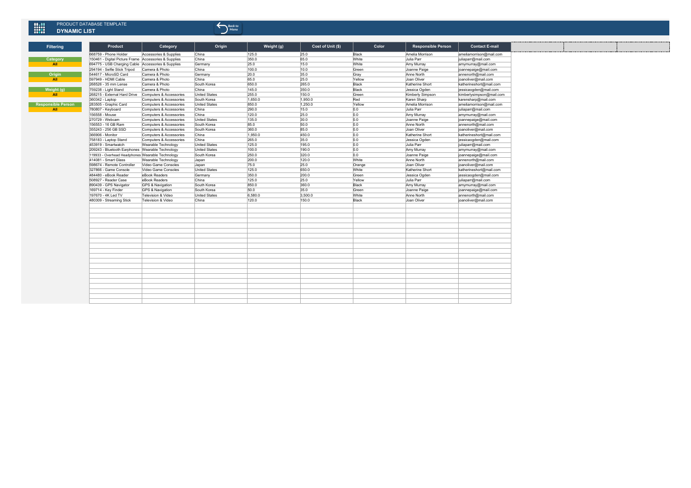 Excel Product Database Template workbook preview 5