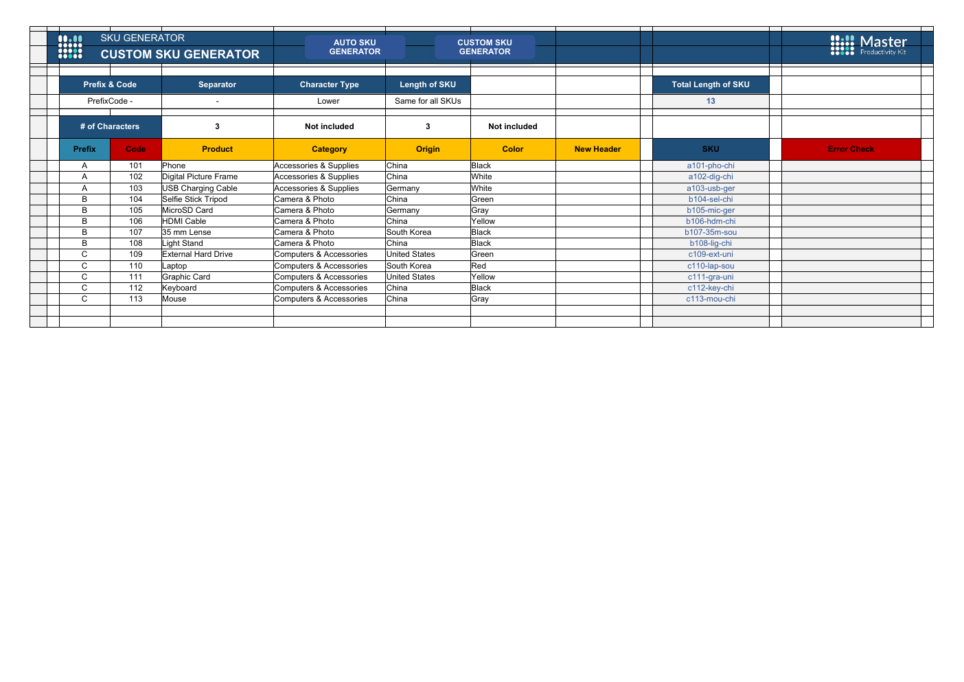 SKU Generator Workbook Template for Excel workbook preview
