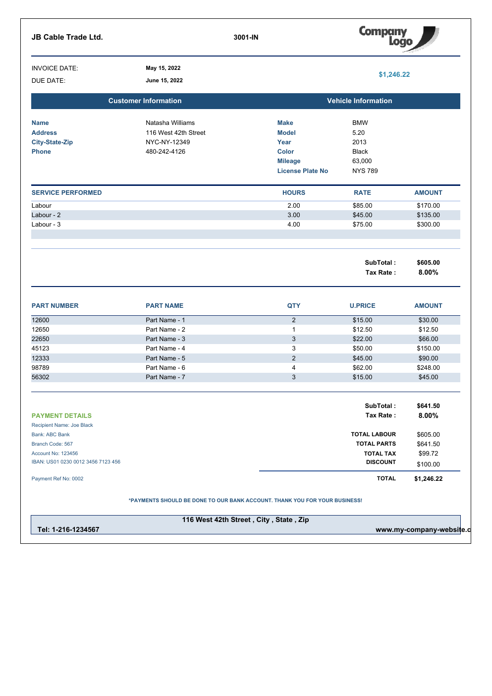 Excel Auto Repair Invoice Template workbook preview