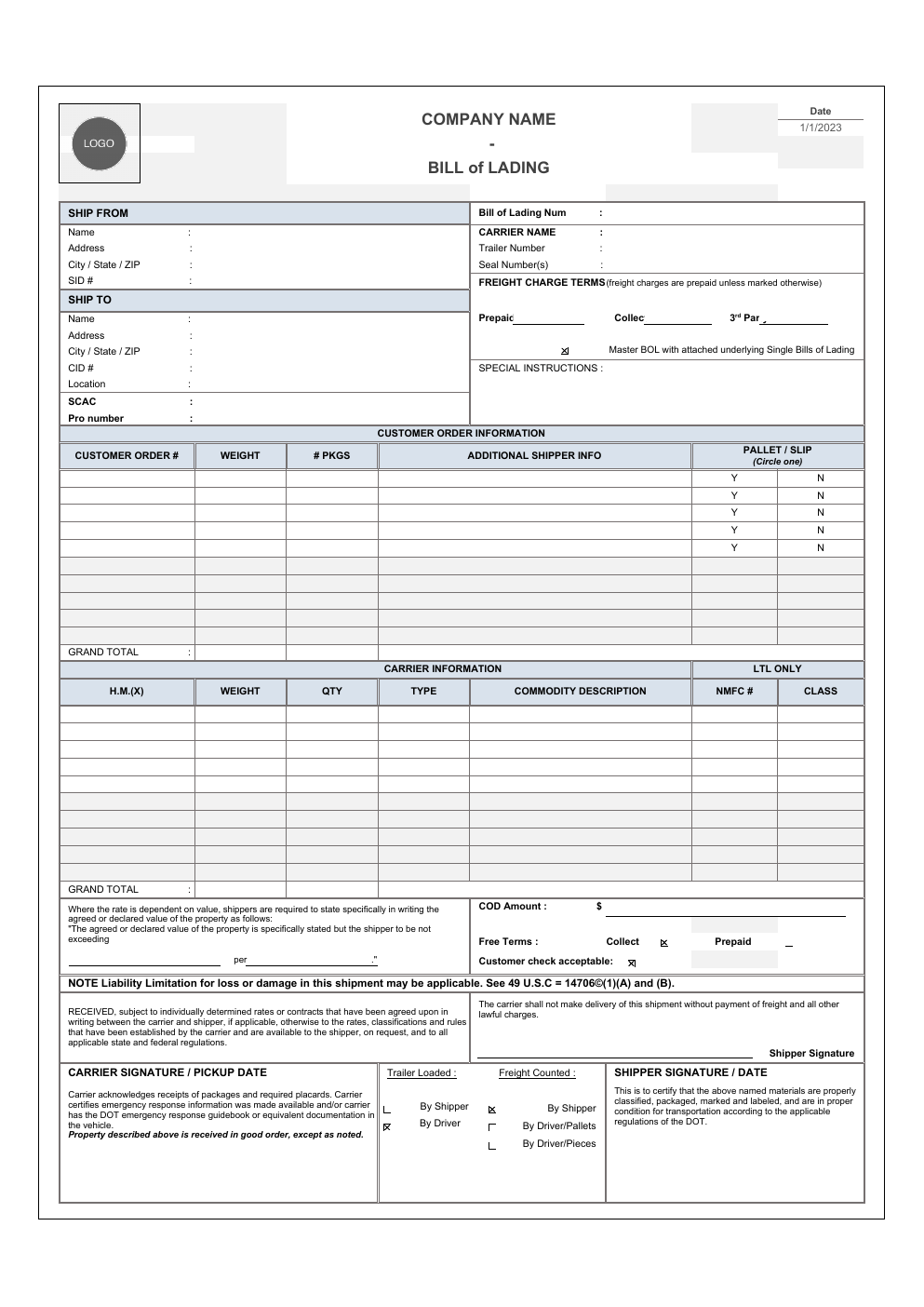 Bill of Lading Template for Excel workbook preview