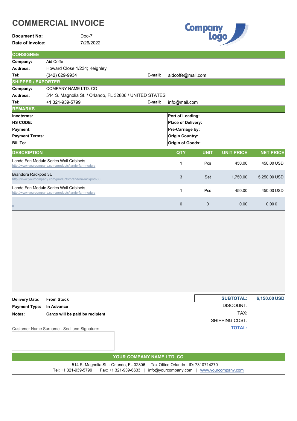 Commercial Invoice Generator Spreadsheet Template workbook preview