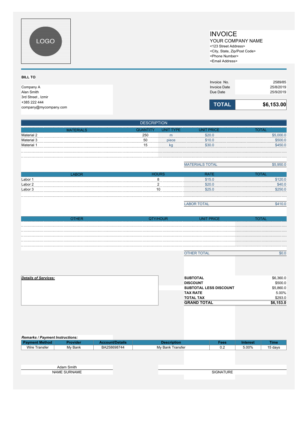Contractor Invoice Workbook Template for Excel workbook preview