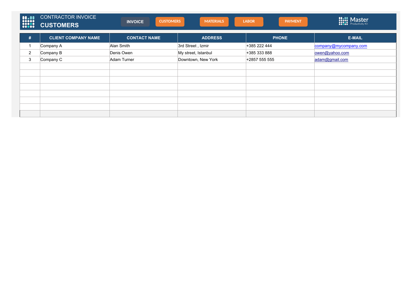 Contractor Invoice Workbook Template for Excel workbook preview 2