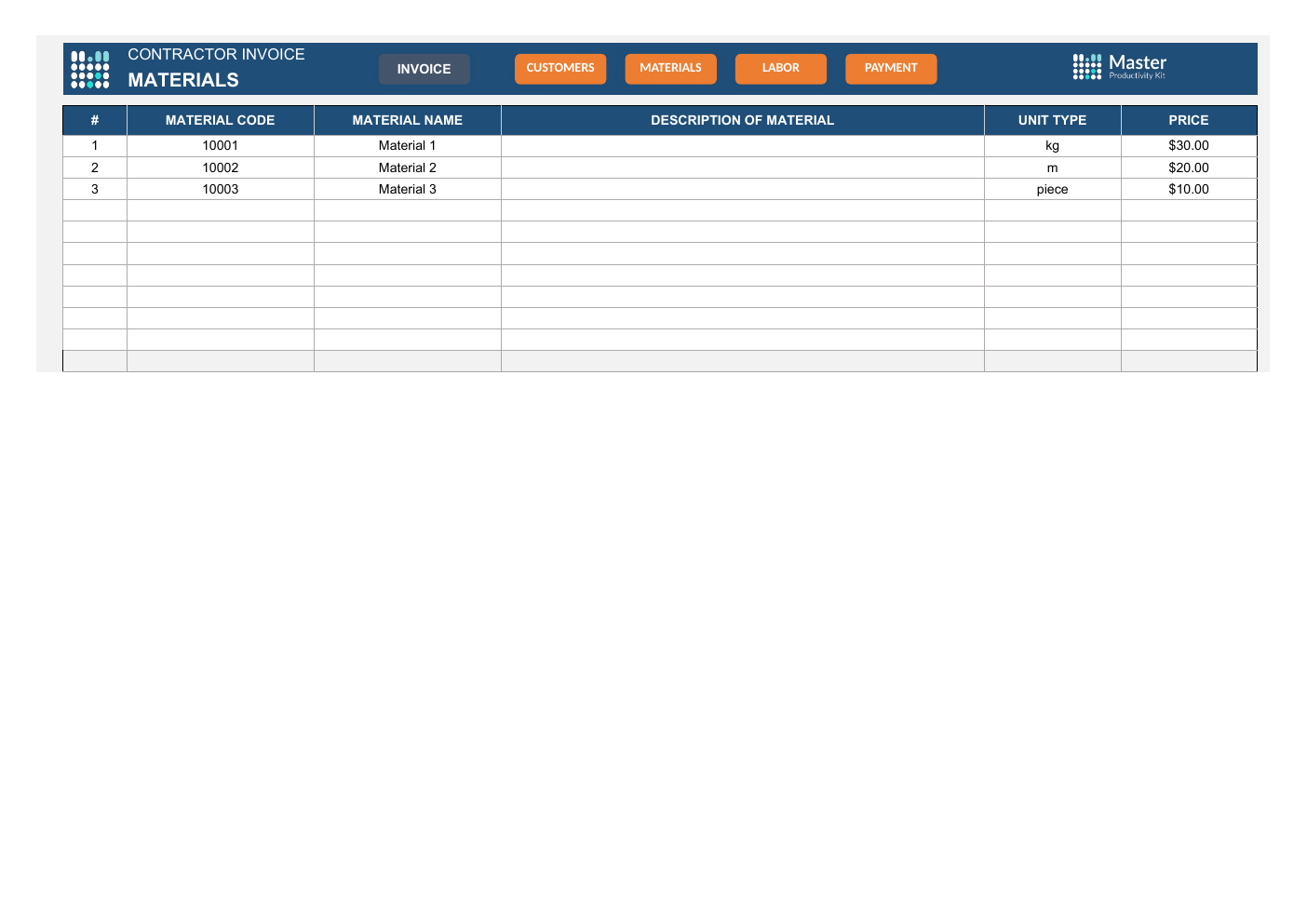 Contractor Invoice Workbook Template for Excel workbook preview 3