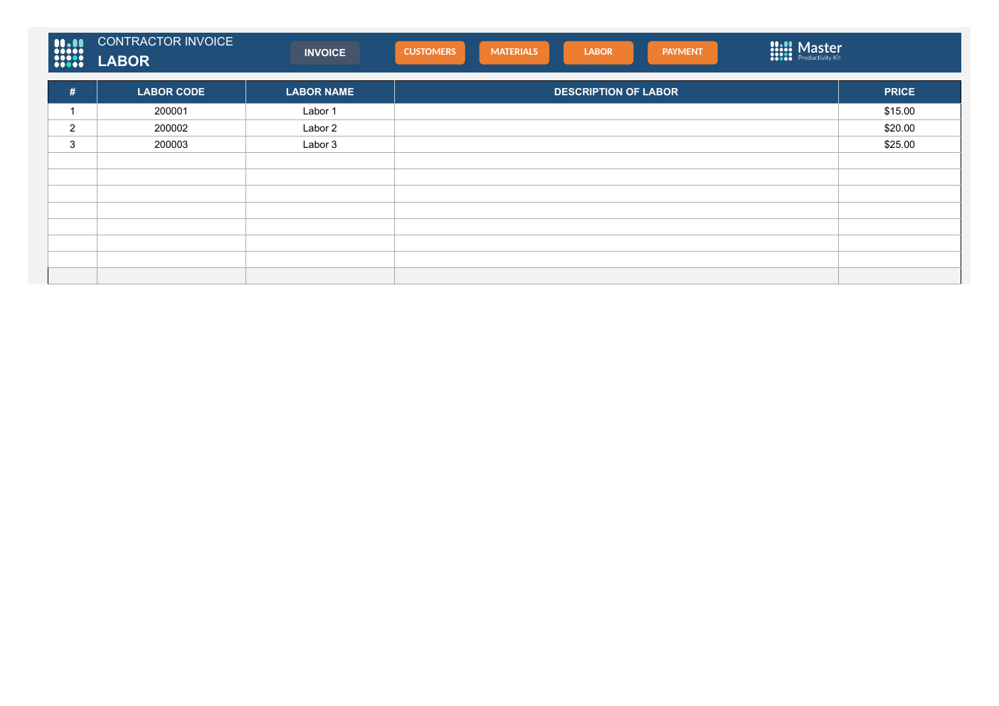 Contractor Invoice Workbook Template for Excel workbook preview 4
