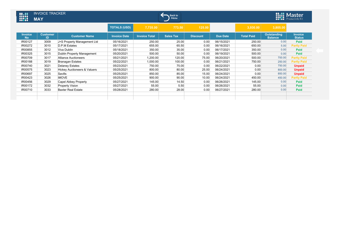 Invoice Tracker Excel Template workbook preview