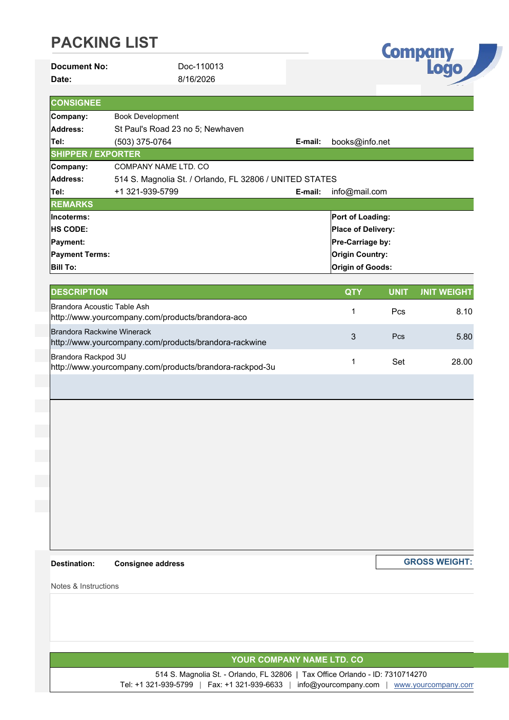 Packing Slip Generator Spreadsheet Template workbook preview