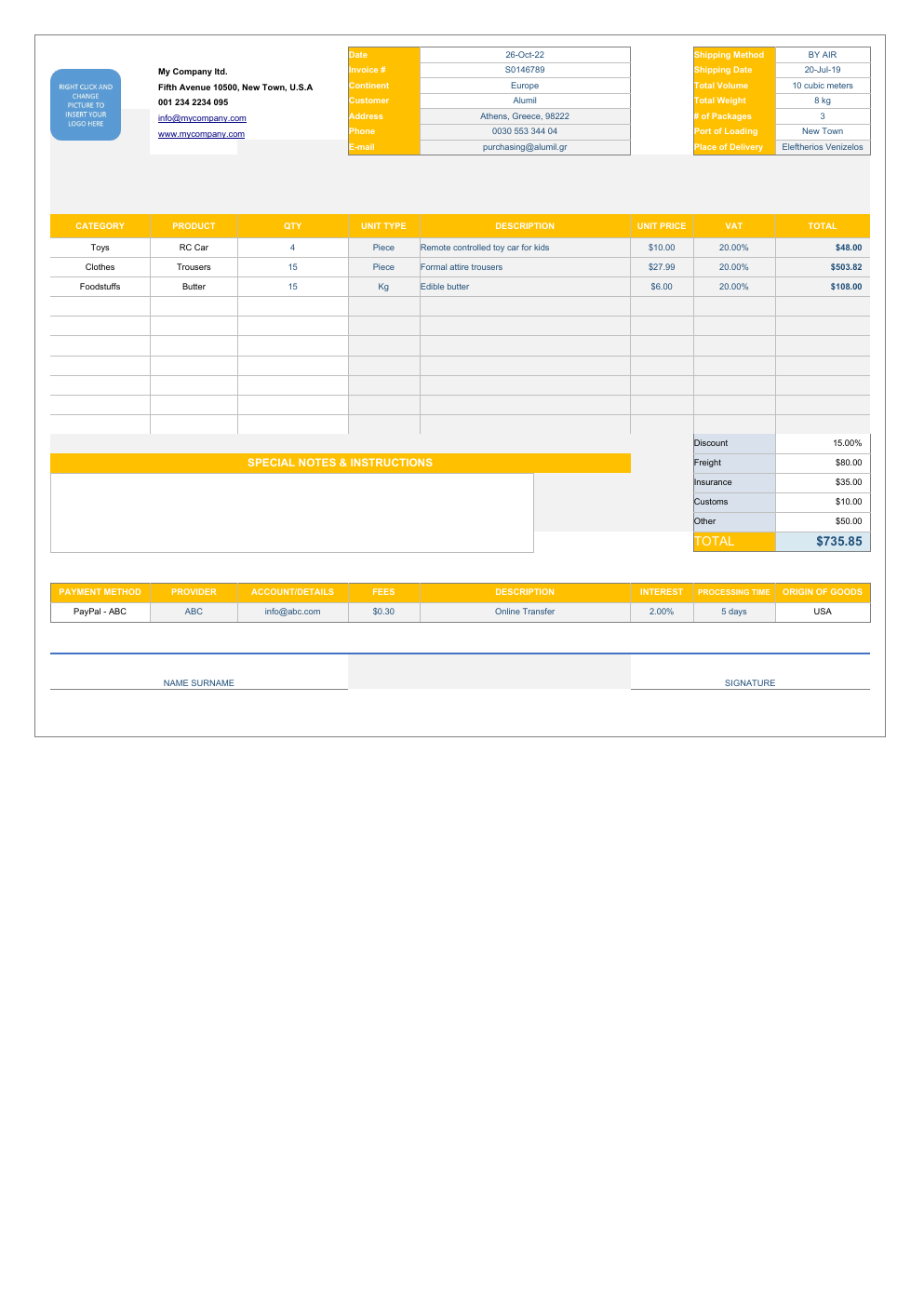 Automated Proforma Invoice Excel Template workbook preview
