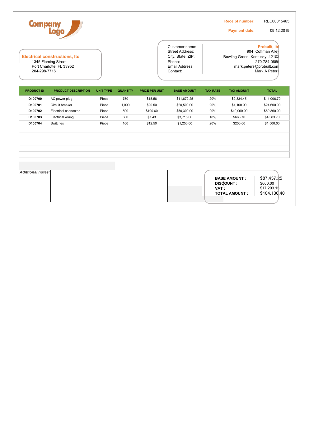 Excel Receipt Template workbook preview