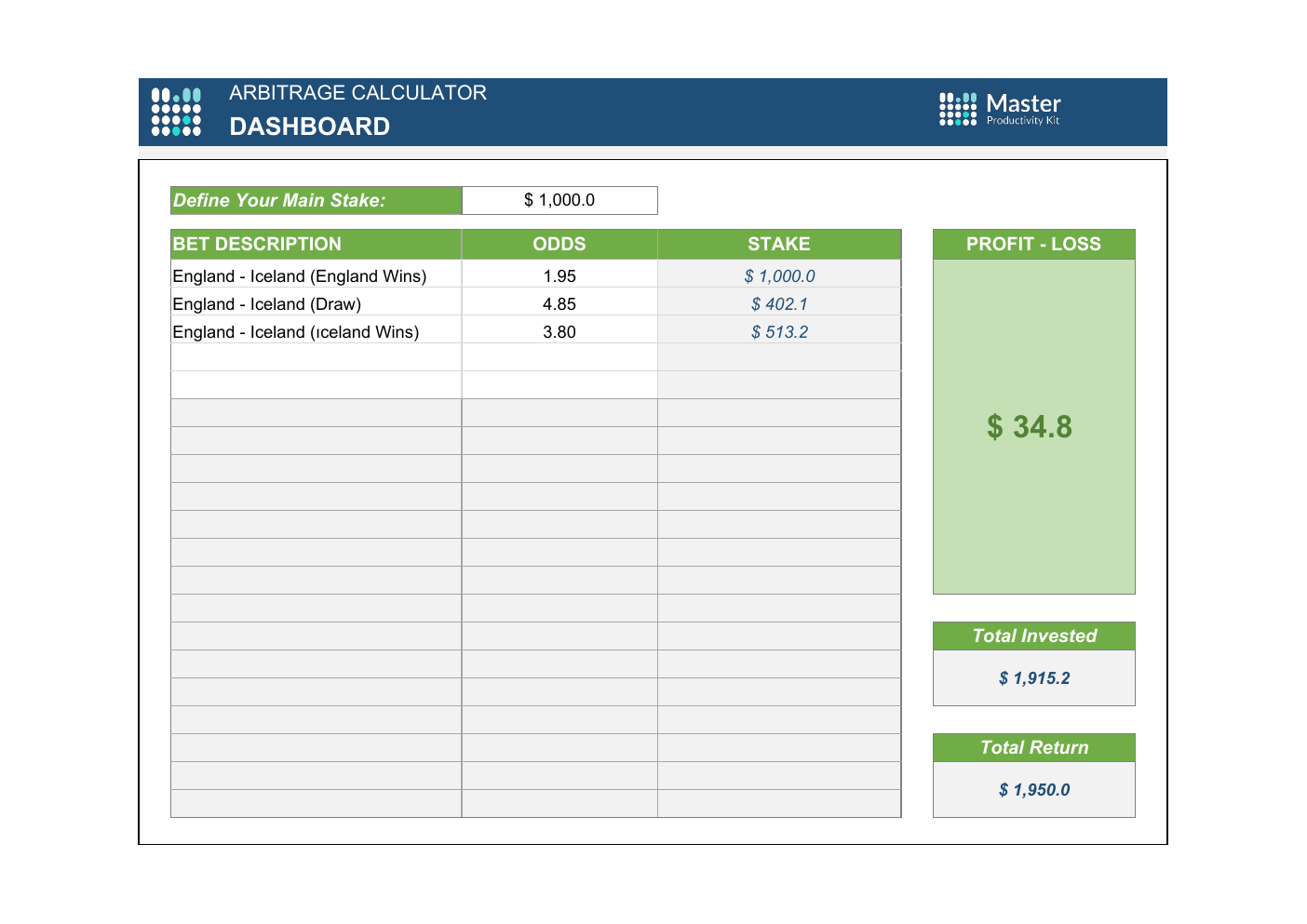 Arbitrage Calculator Template for Excel workbook preview