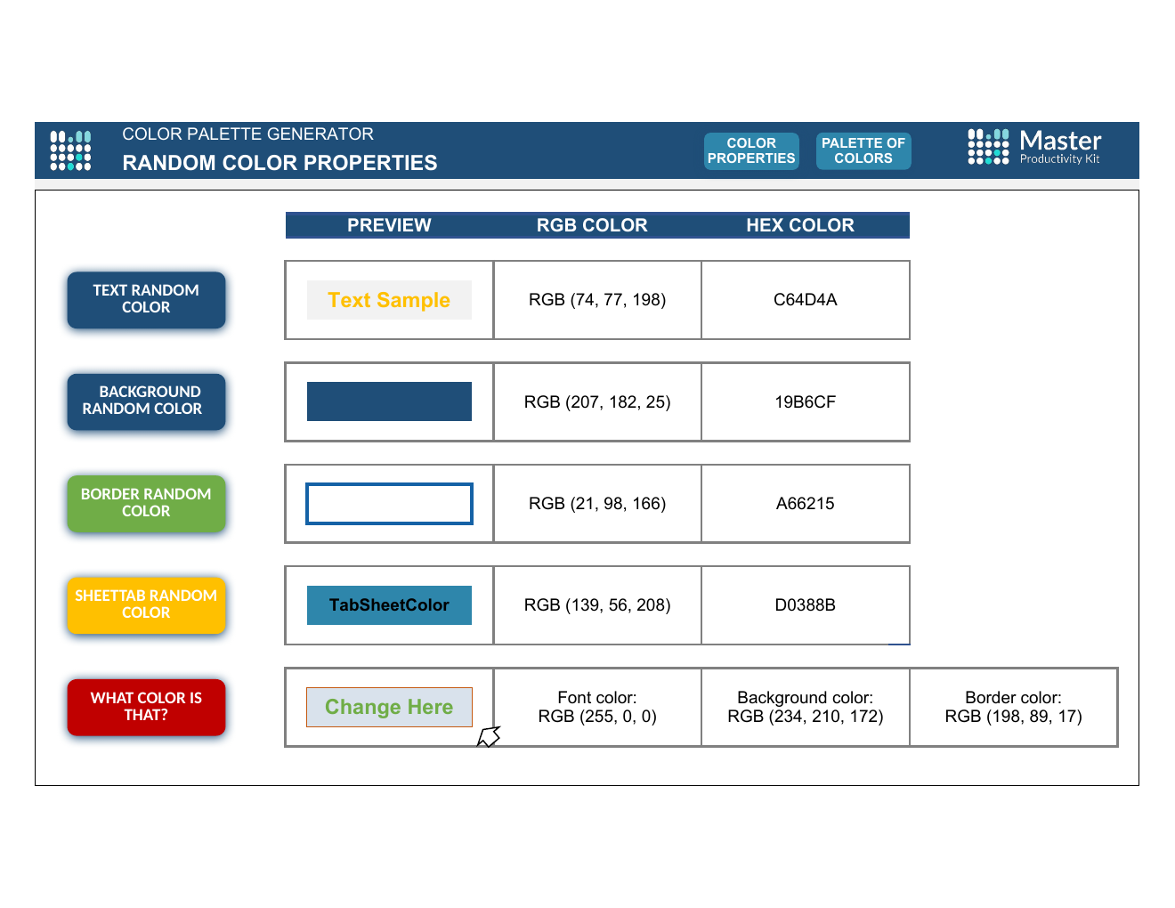 Excel Color Palette Generator Template workbook preview