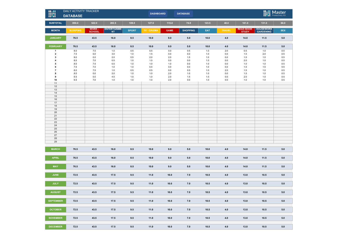 Excel Daily Activity Tracker Template workbook preview