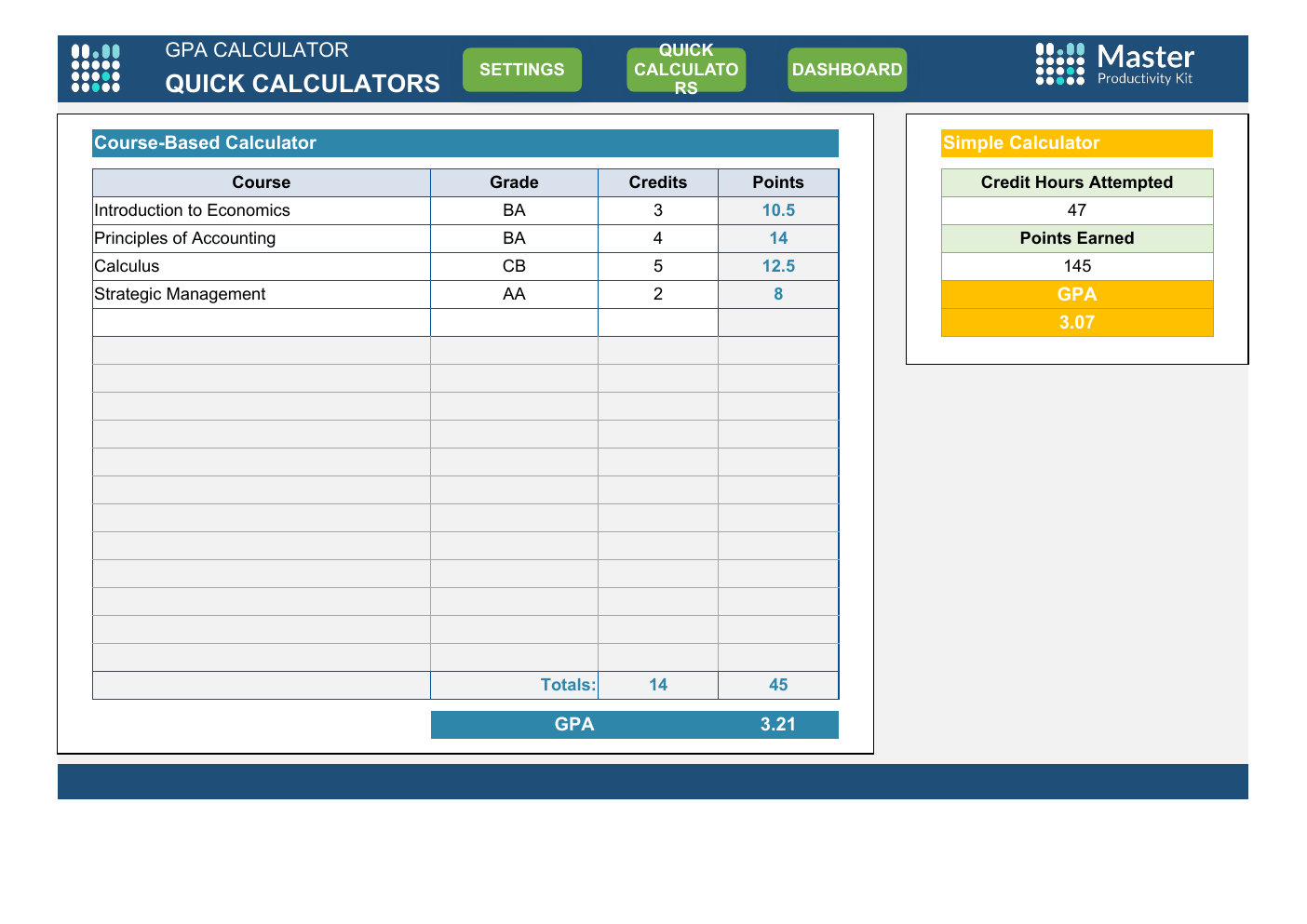 Gpa Calculator Workbook Template for Excel workbook preview