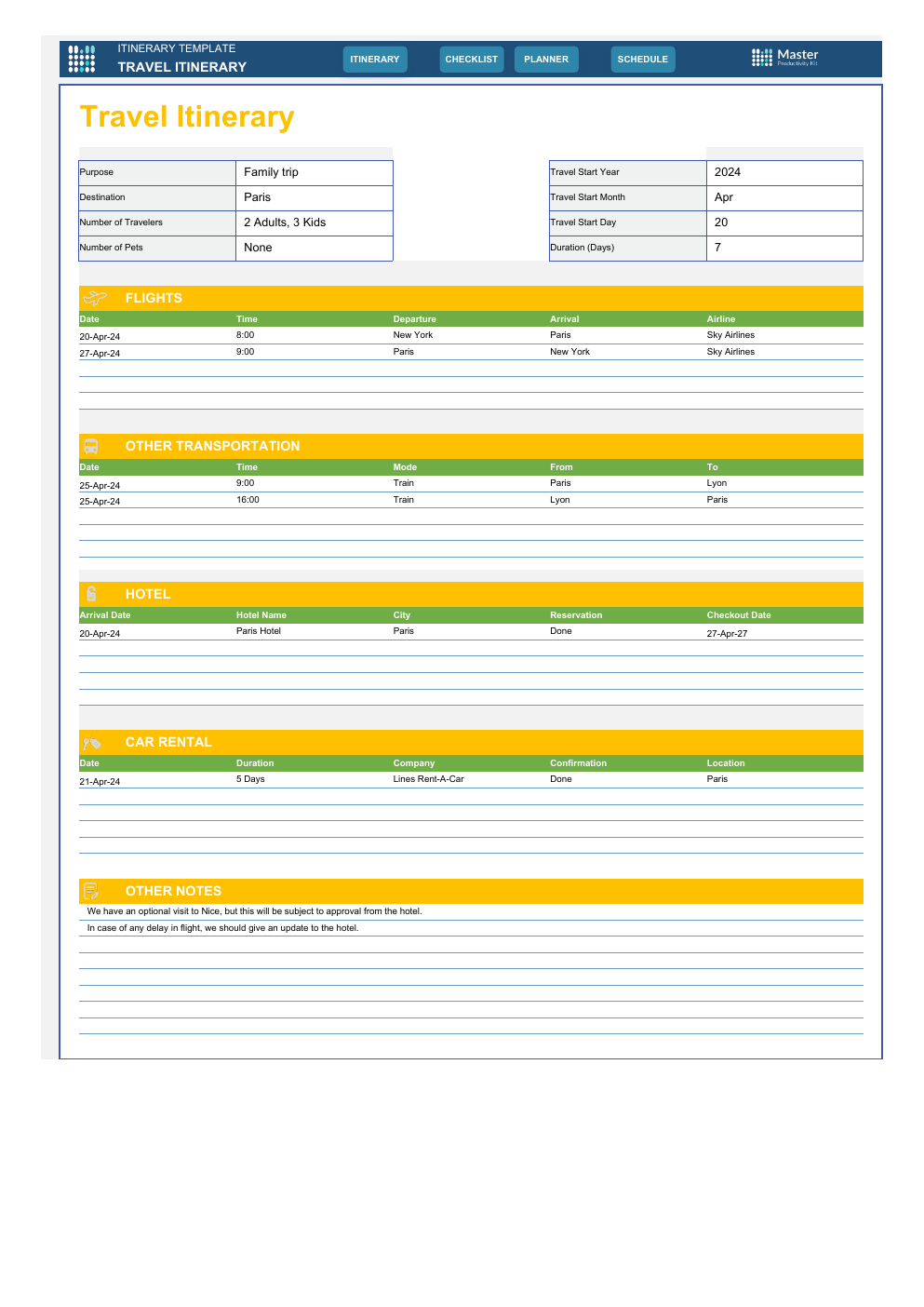 Itinerary Workbook Template for Excel workbook preview